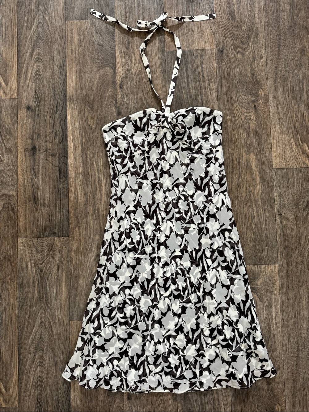 Ann Taylor 100% Silk Y2K Chiffon Brown White Floral Halter Lined Zip 6